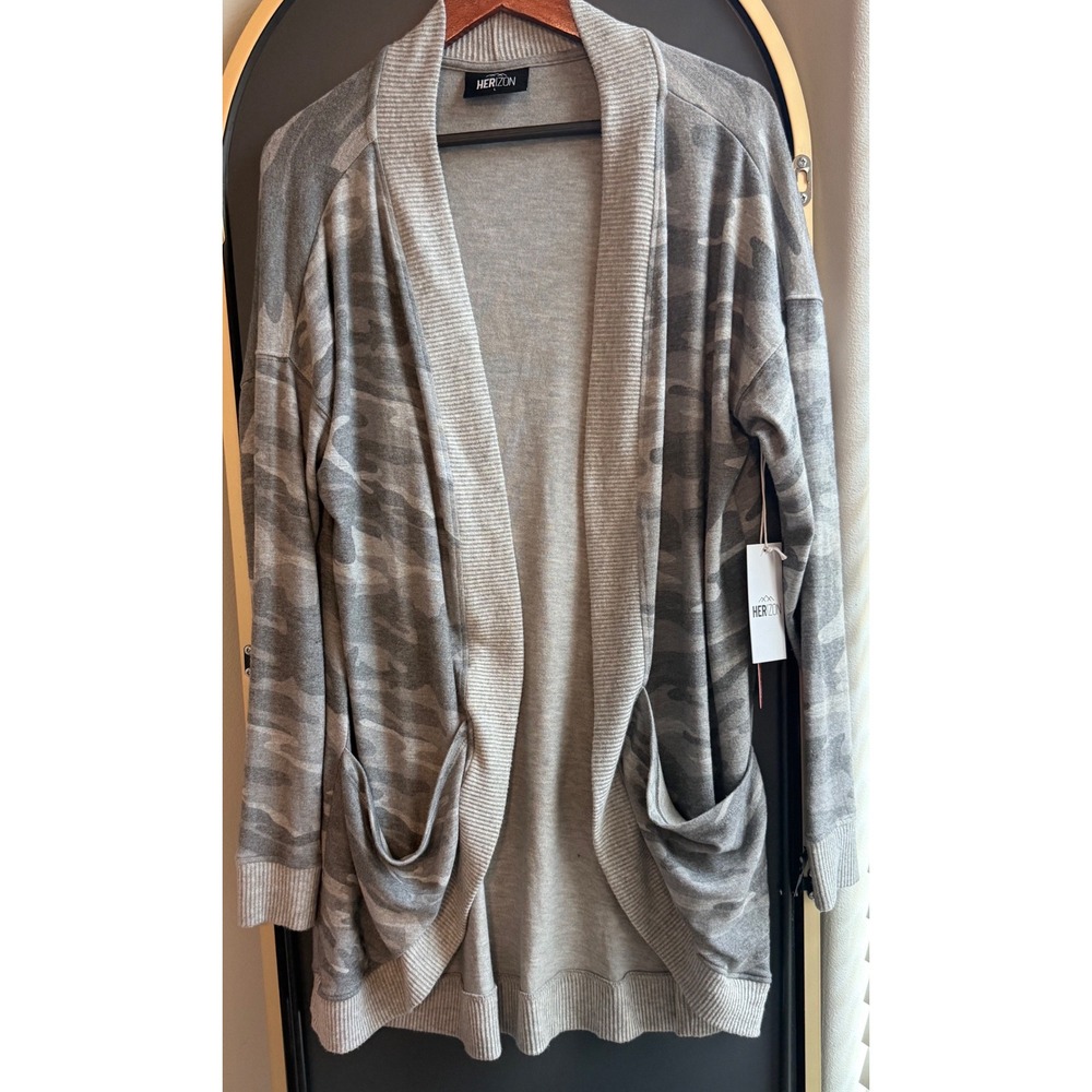 Herizon Womens L Camo Cocoon Cardigan Gray Open Front Pockets Cozy Utility NWT